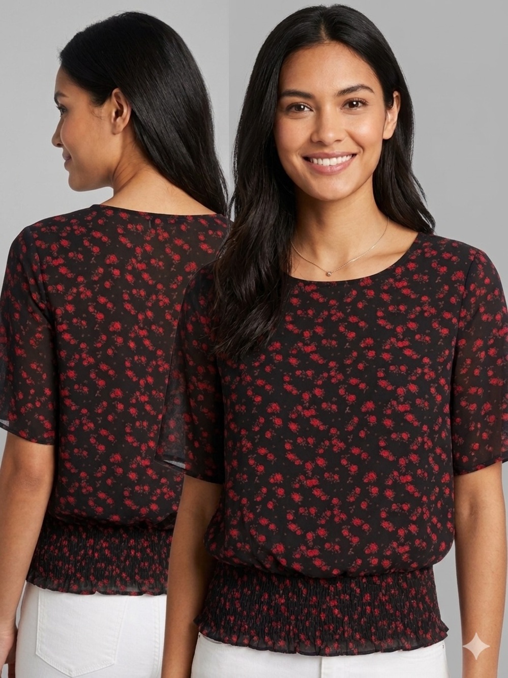 Michael Kors Black Blouse with Red Floral Print and Smocked Waist